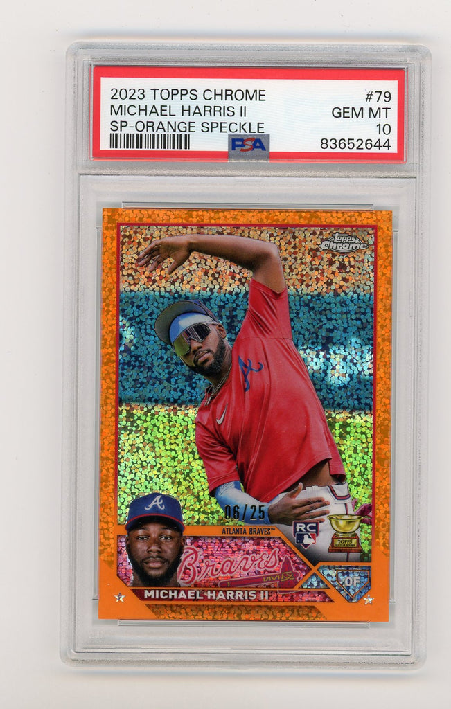 2023 Topps Chrome Photo Variations Orange Speckle Refractors #79 Michael  Harris II #06/25 PSA 10 (Rookie)