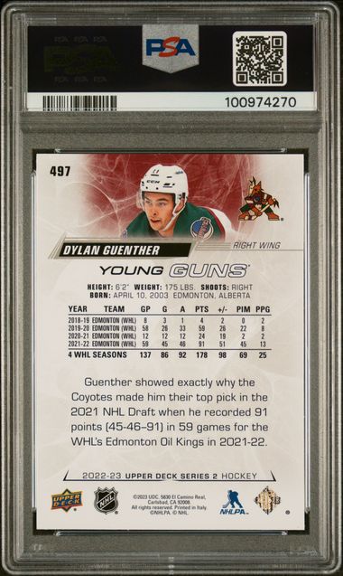 2022-23 Upper Deck #497 Dylan Guenther PSA 8 (Rookie) | Eastridge Sports Cards