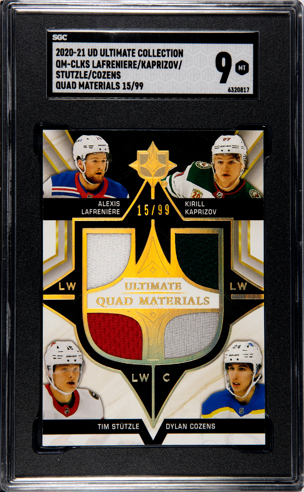 2020-21 Ultimate Collection Ultimate Quad Materials #QMCLKS Alexis Lafreniere/Kirill Kaprizov/Tim Stutzle/Dylan Cozens #15/99 SGC 9 (Rookie) | Eastridge Sports Cards