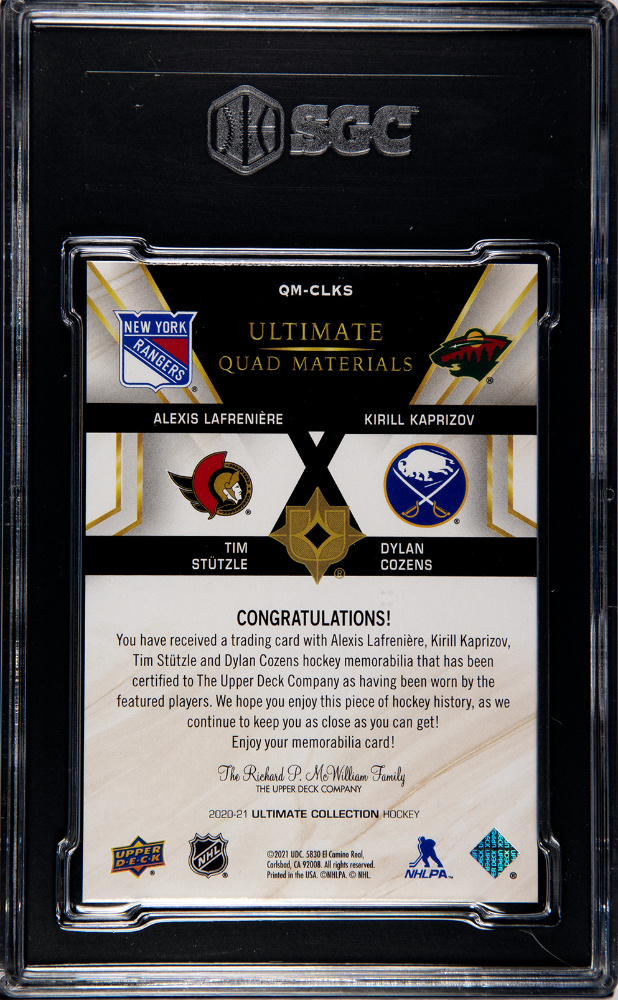 2020-21 Ultimate Collection Ultimate Quad Materials #QMCLKS Alexis Lafreniere/Kirill Kaprizov/Tim Stutzle/Dylan Cozens #15/99 SGC 9 (Rookie) | Eastridge Sports Cards