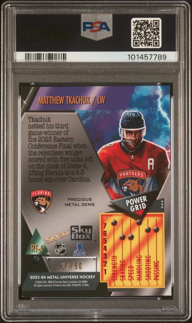 2023-24 Metal Universe 2013 Retros Precious Metal Gems Blue #RT4 Matthew Tkachuk #27/50 PSA 8 | Eastridge Sports Cards