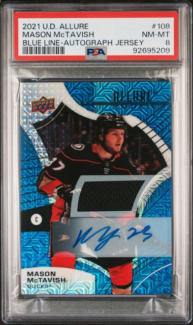 2021-22 Upper Deck Allure Jersey Autographs Blue Line #108 Mason McTavish #38/75 PSA 8 (Rookie) | Eastridge Sports Cards