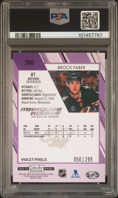 2023-24 O-Pee-Chee Platinum Violet Pixels #260 Brock Faber #050/299 PSA 10 (Rookie) | Eastridge Sports Cards