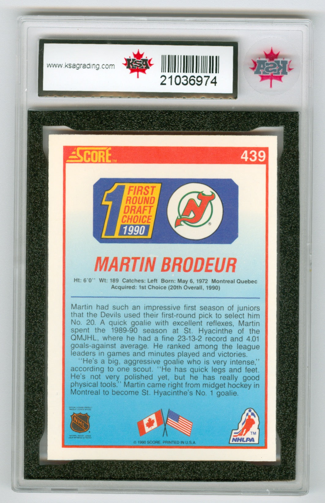 1990-91 Score (American) #439 Martin Brodeur KSA 9.5 (Rookie) | Eastridge Sports Cards