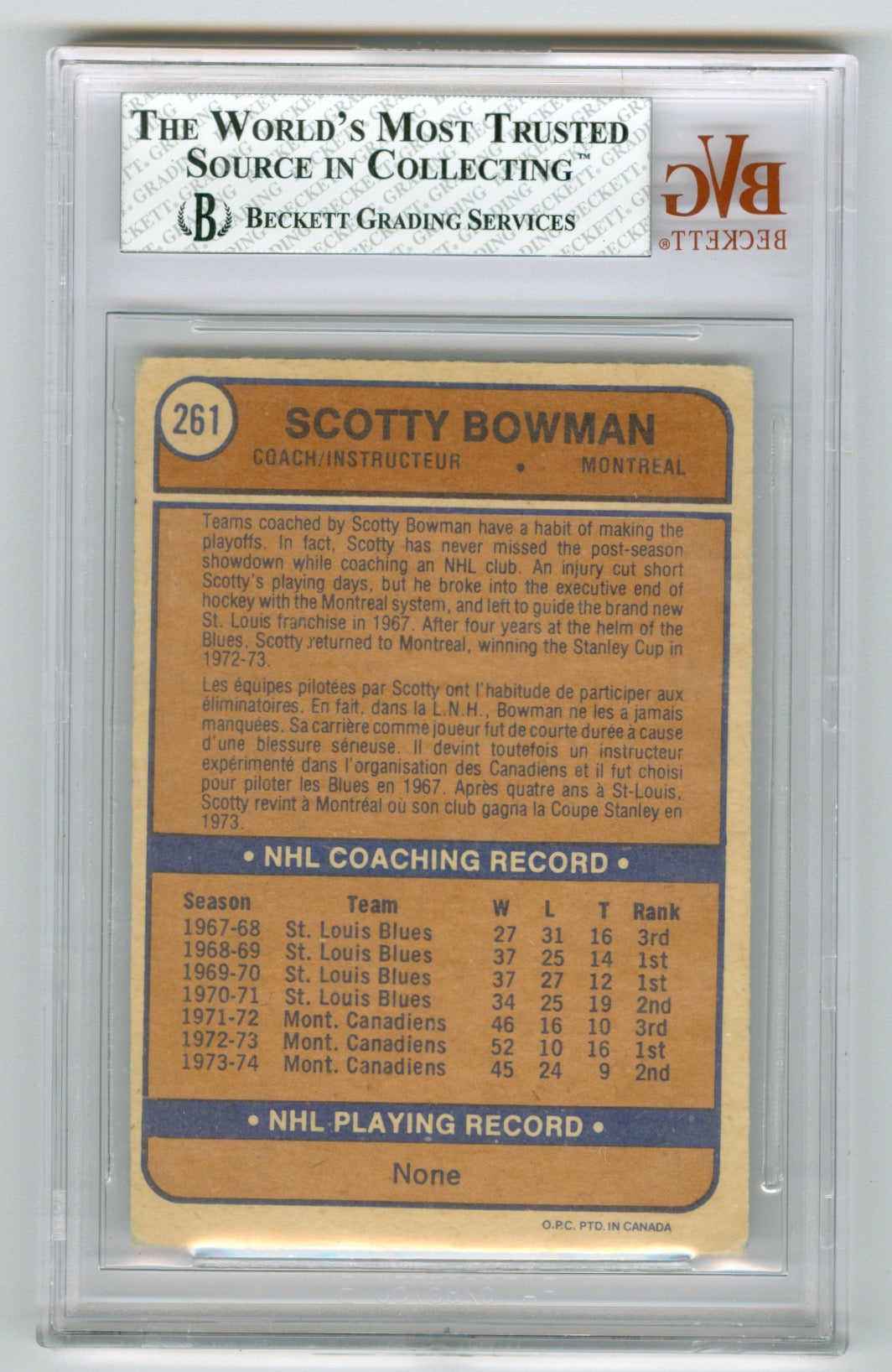 1974-75 O-Pee-Chee #261 Scotty Bowman BGS 3.5 (Rookie) | Eastridge Sports Cards