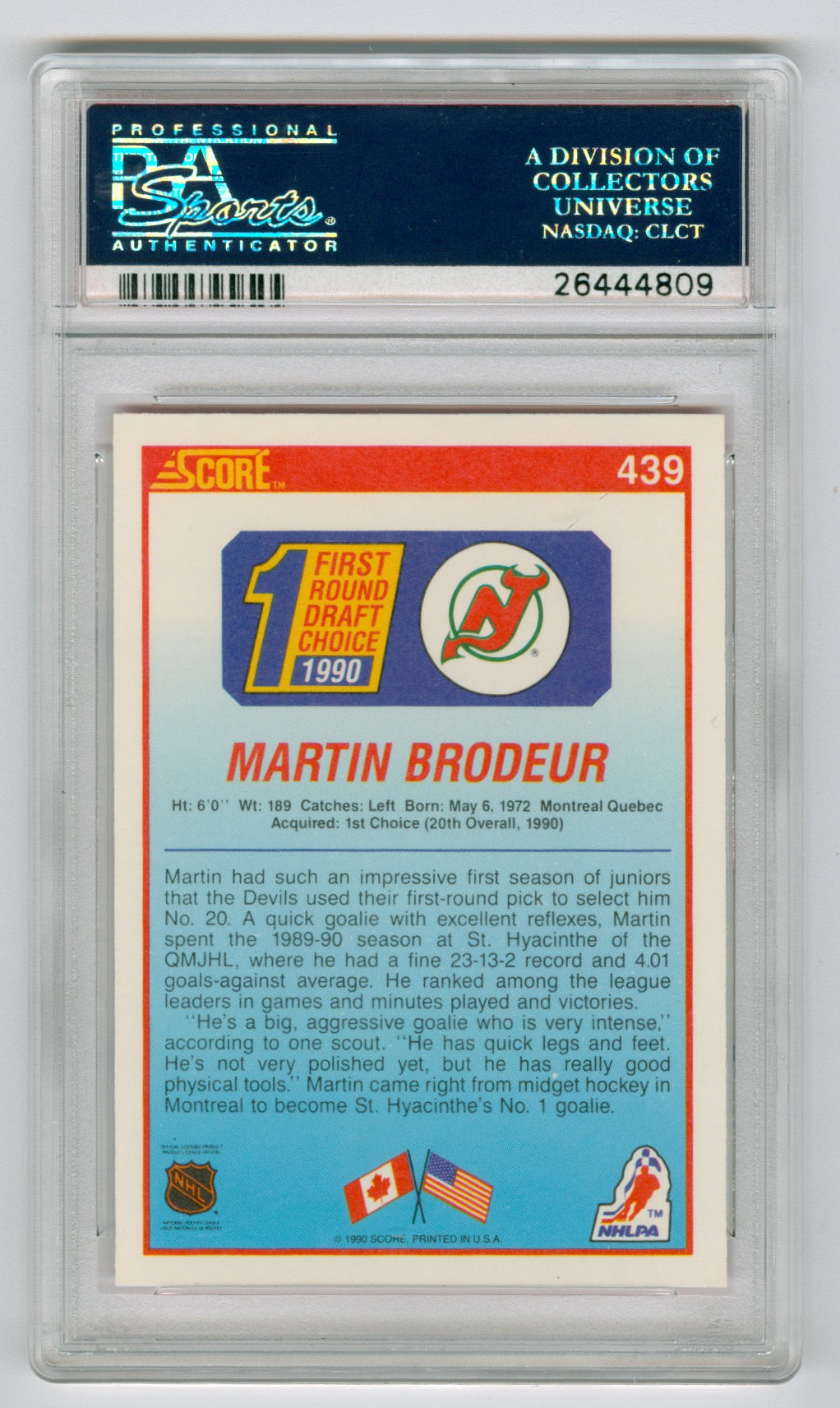 1990-91 Score American #439 Martin Brodeur PSA 9 (Rookie) | Eastridge Sports Cards