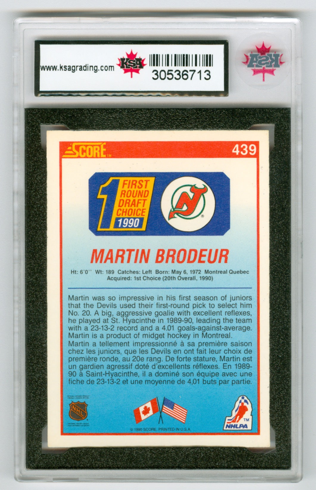 1990-91 Score (Canadian) #439 Martin Brodeur KSA 7 (Rookie) | Eastridge Sports Cards