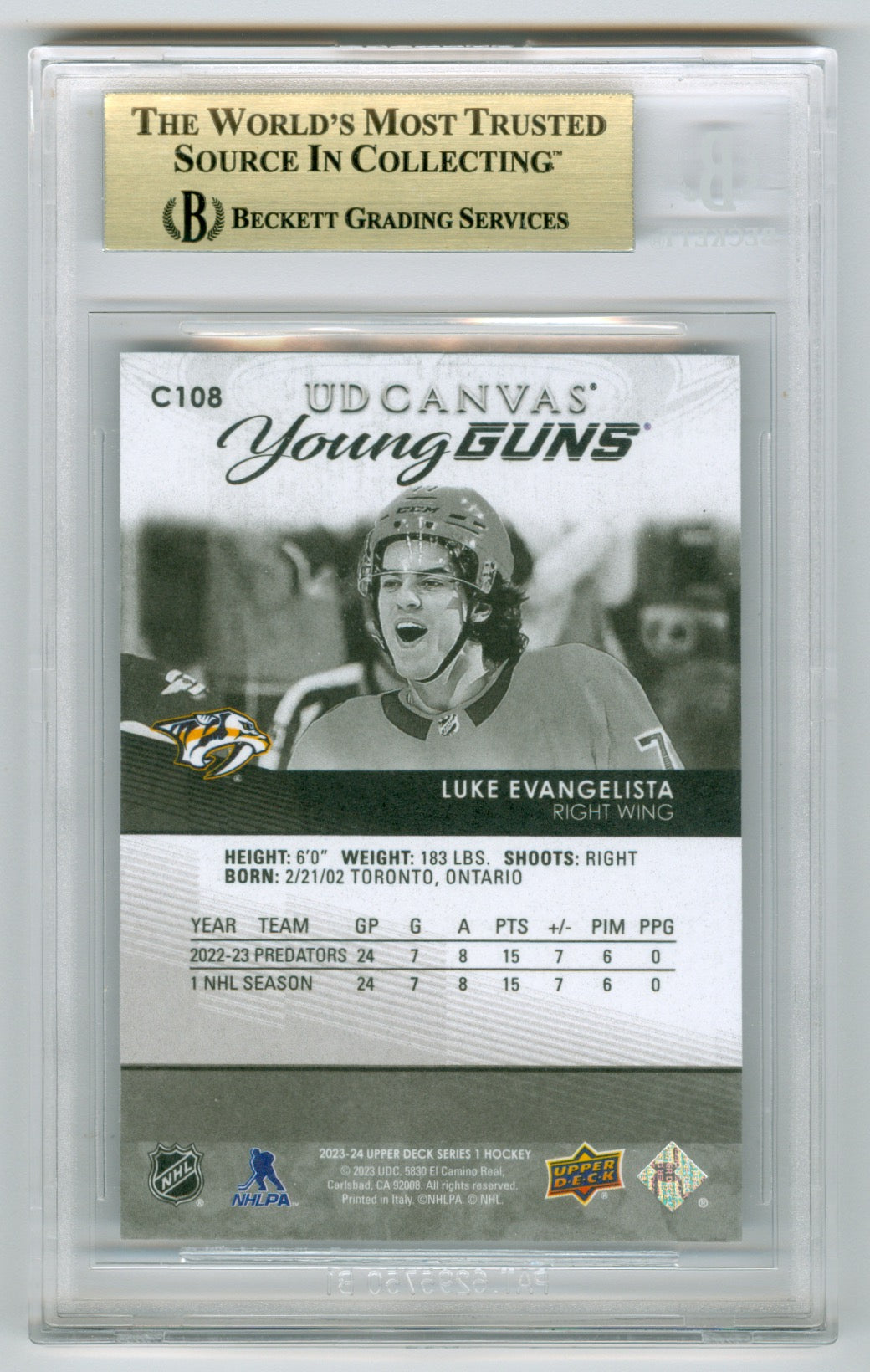 2023-24 Upper Deck Canvas Black & White #C108 Luke Evangelista BGS 9.5 (Rookie) | Eastridge Sports Cards