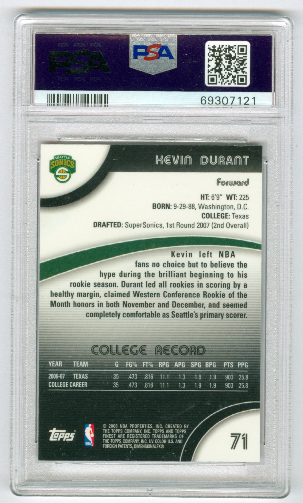 2007-08 Finest #71 Kevin Durant PSA 9 (Rookie) | Eastridge Sports Cards