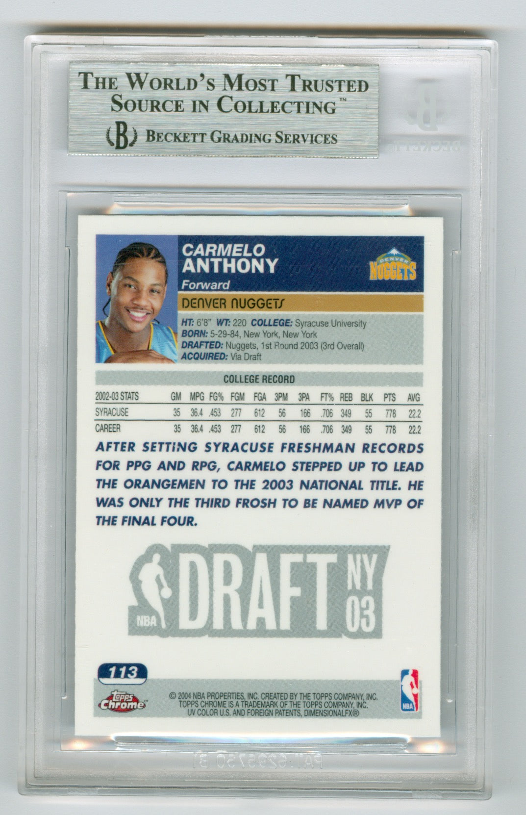 2003-04 Topps Chrome #113 Carmelo Anthony BGS 9 (Rookie) | Eastridge Sports Cards