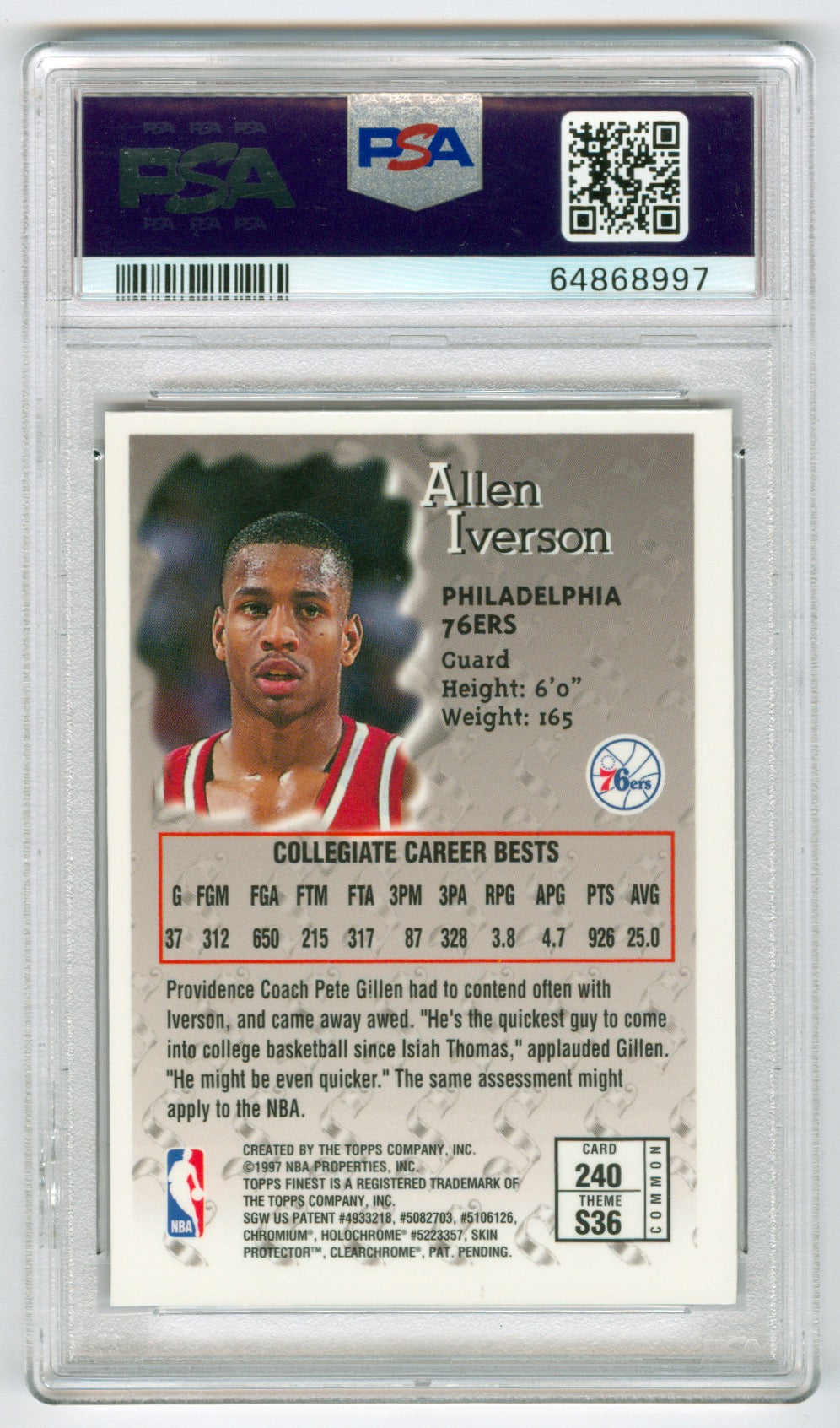 1996-97 Finest #240 Allen Iverson PSA 9 (Rookie) | Eastridge Sports Cards