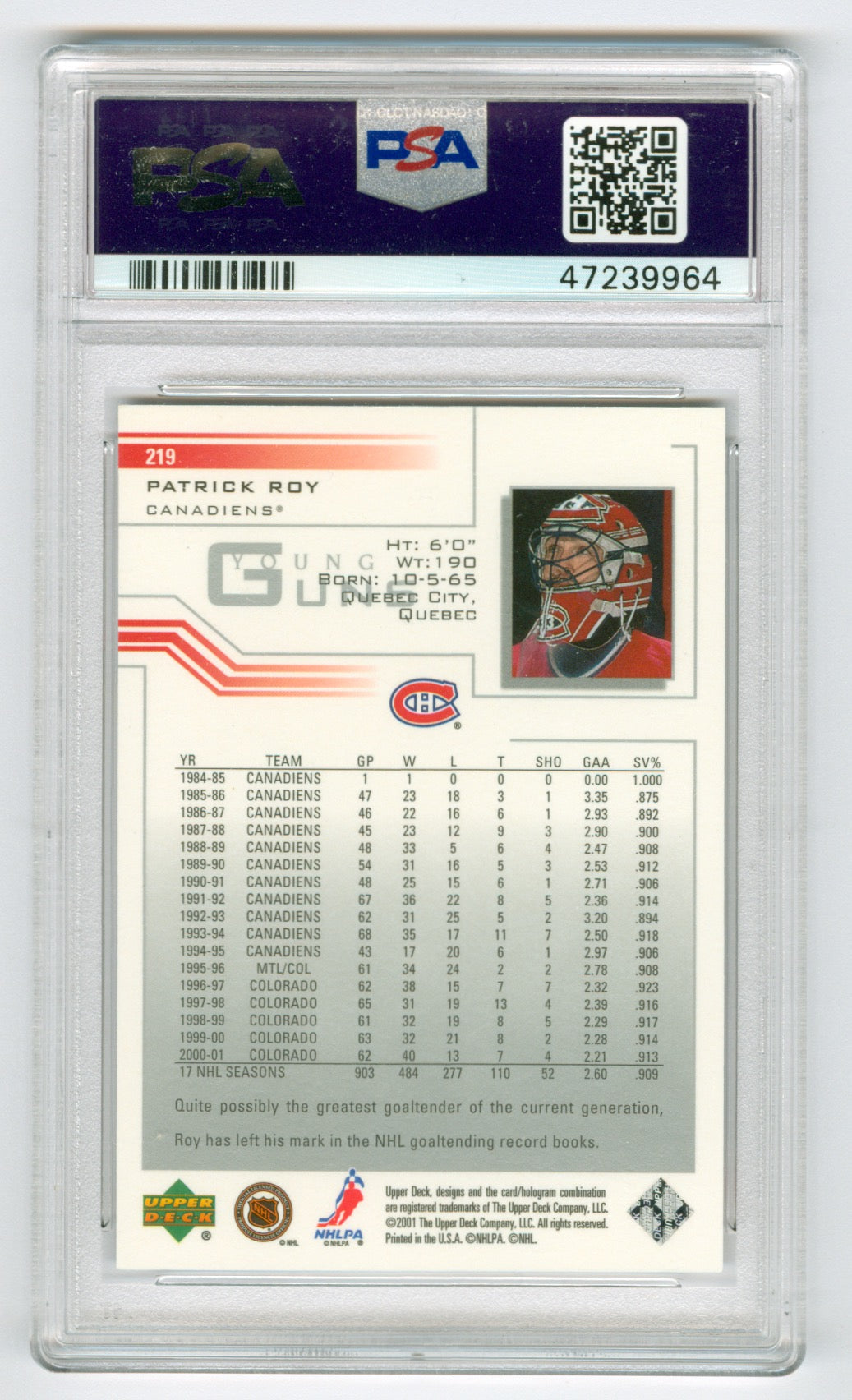 2001-02 Upper Deck #219 Patrick Roy PSA 9 | Eastridge Sports Cards