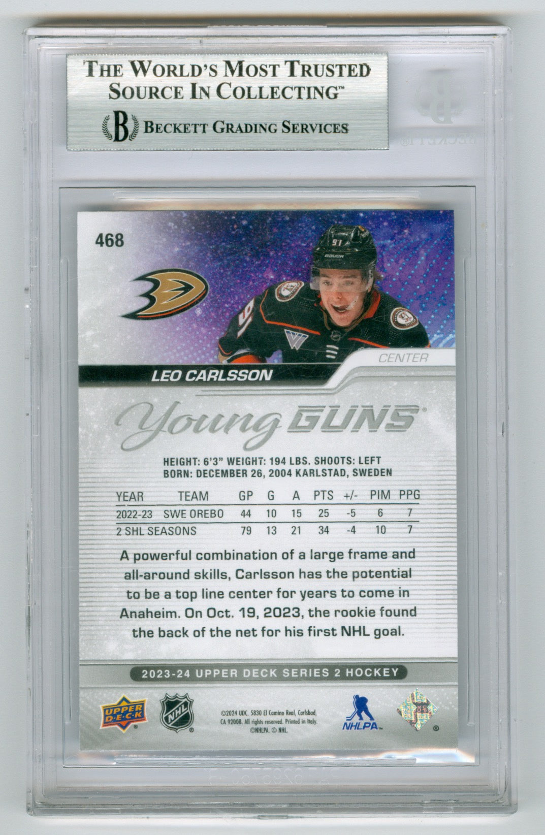 2023-24 Upper Deck #468 Leo Carlsson BGS 9 (Rookie) | Eastridge Sports Cards