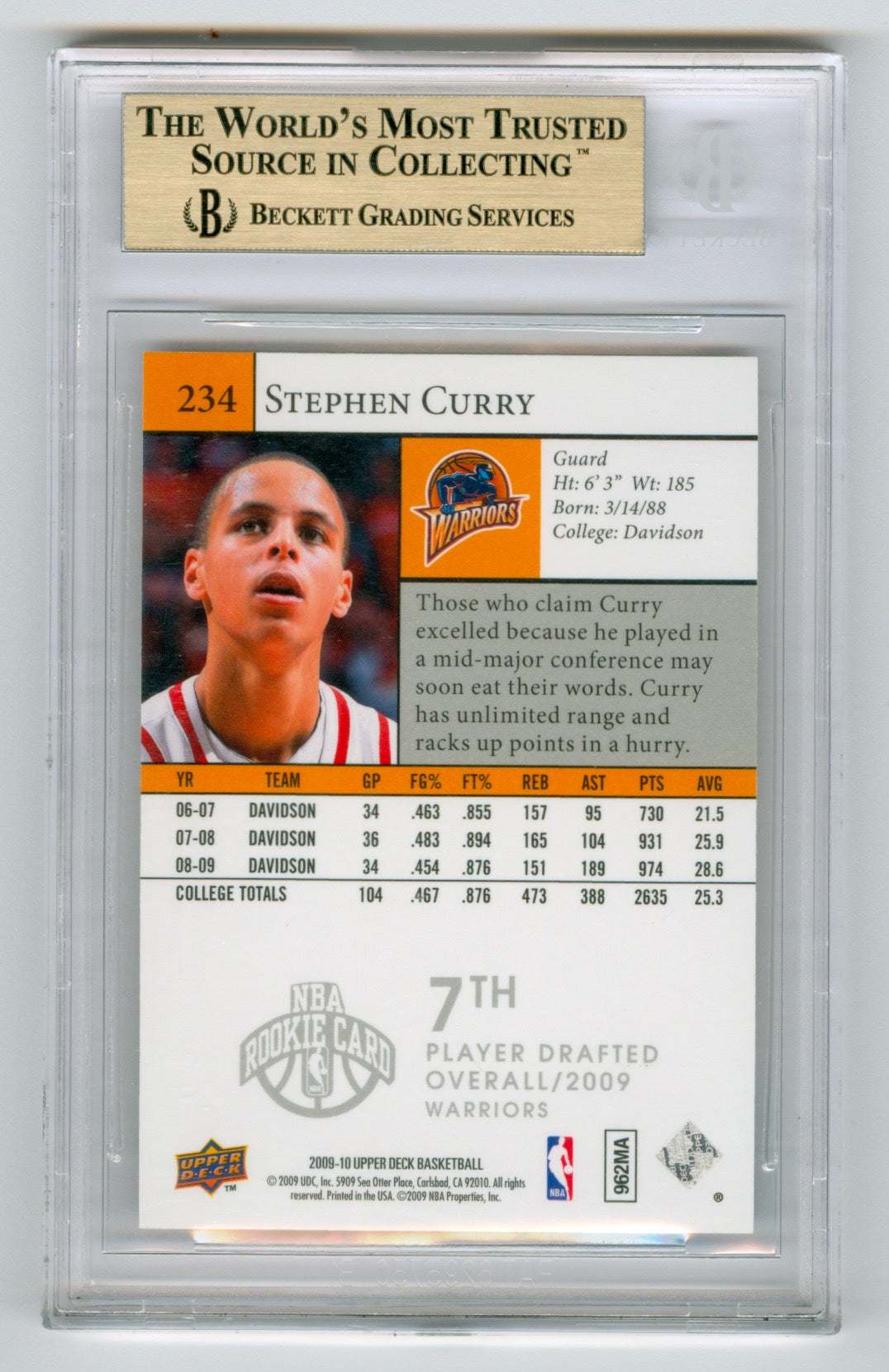 2009-10 Upper Deck #234 Stephen Curry SP BGS 9.5 (Rookie) | Eastridge Sports Cards