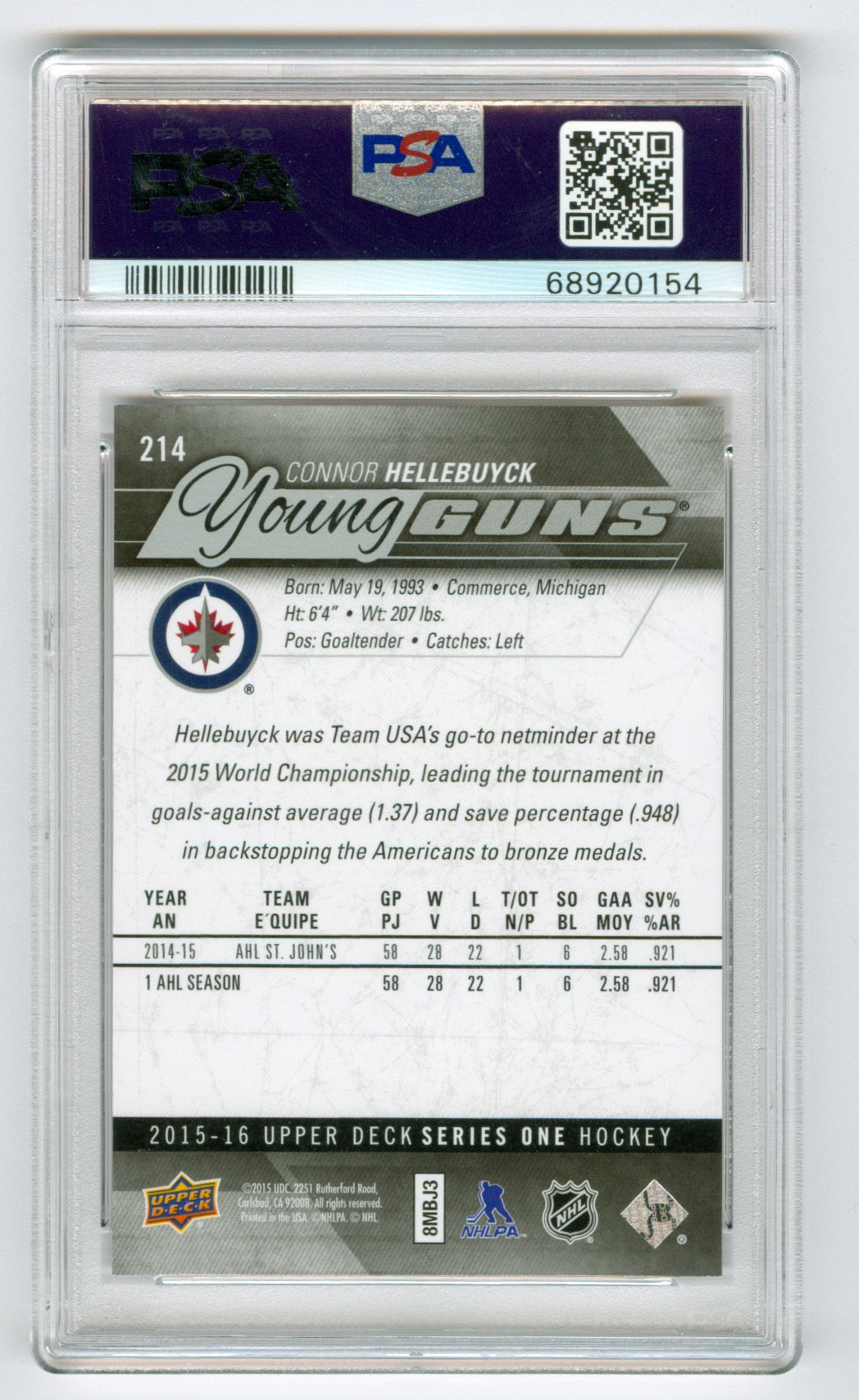 2015-16 Upper Deck #214 Connor Hellebuyck PSA 9 (Rookie) | Eastridge Sports Cards