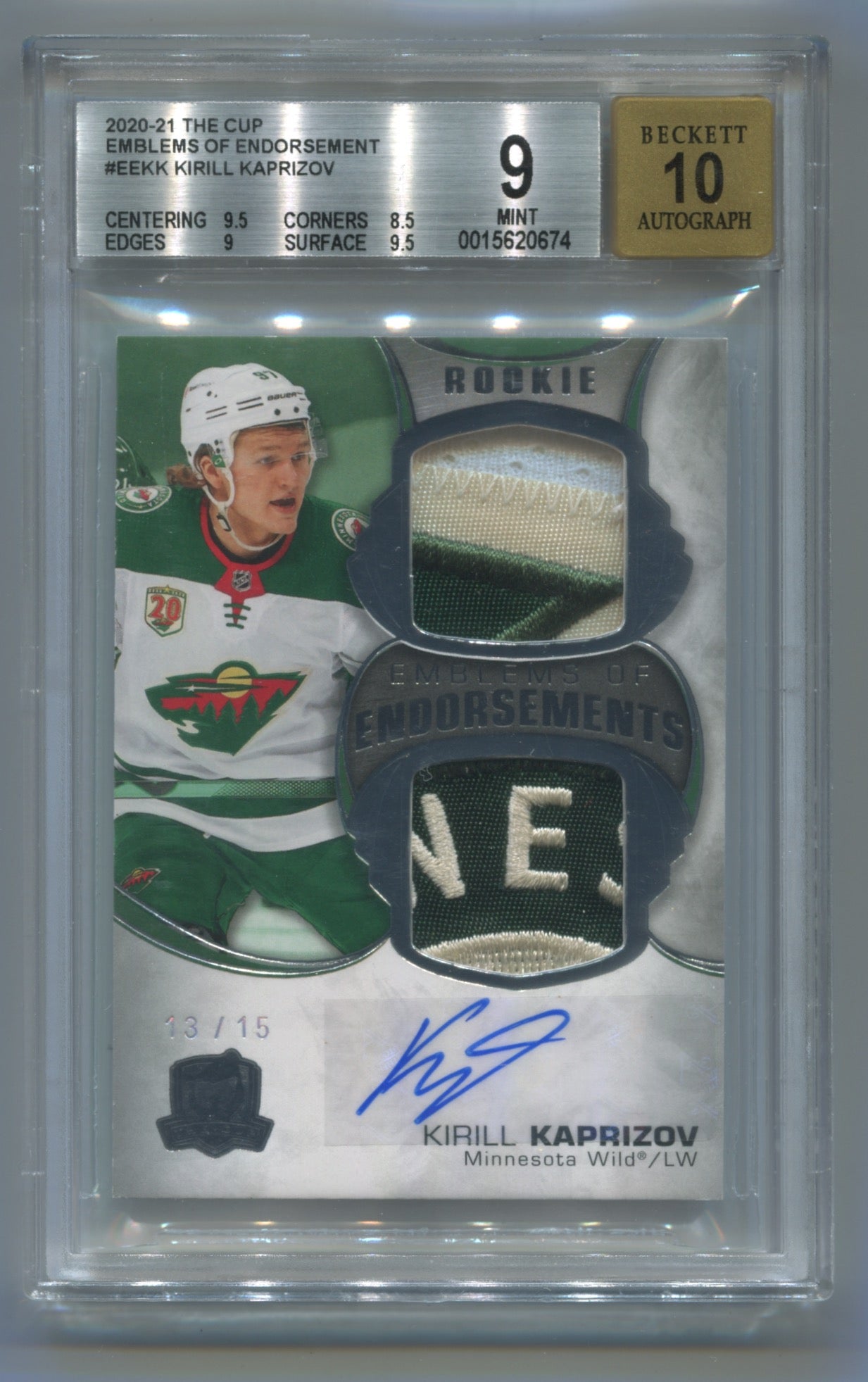 2020-21 The Cup Emblems of Endorsement #EEKK Kirill Kaprizov #13/15 BGS 9 (Auto Grade 10) | Eastridge Sports Cards