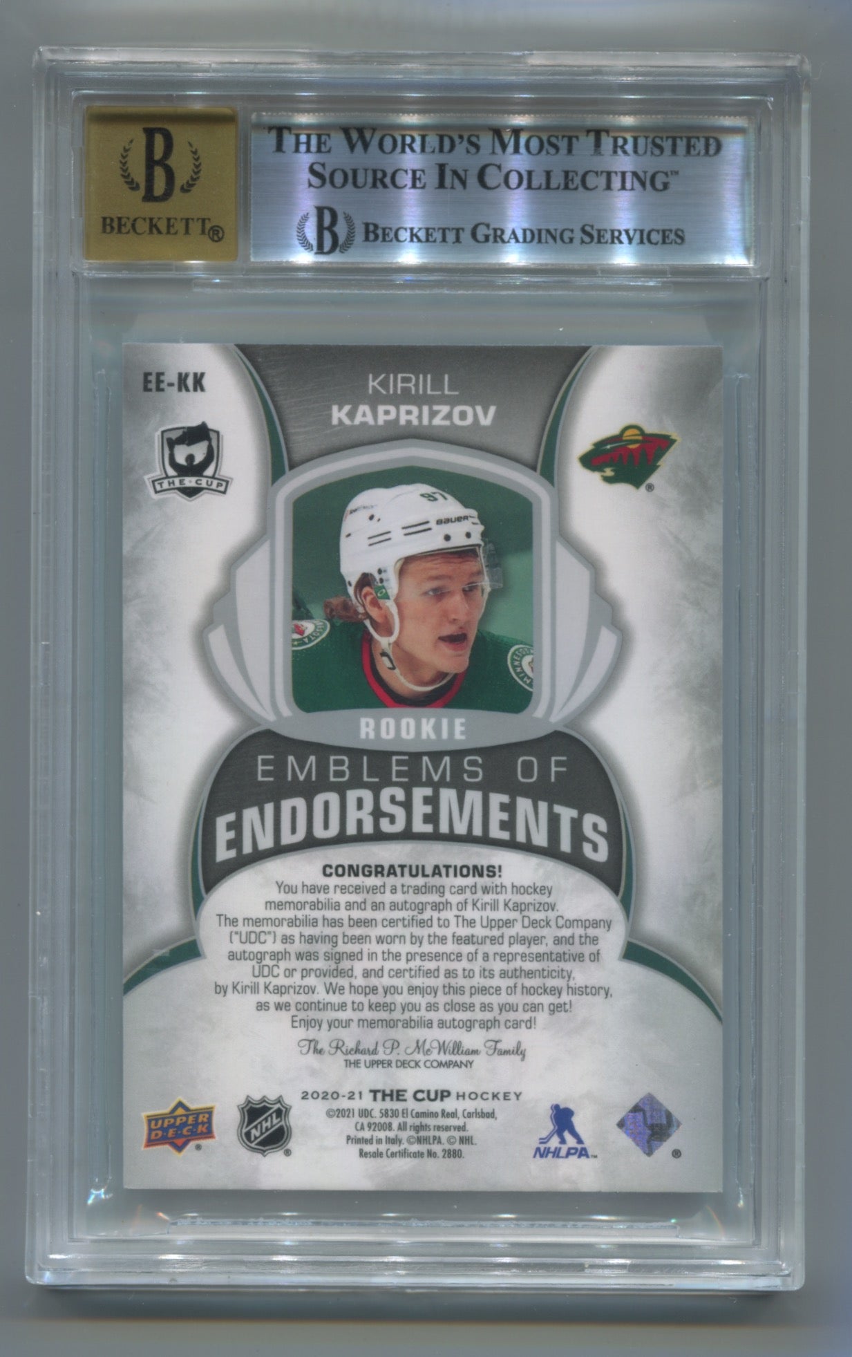 2020-21 The Cup Emblems of Endorsement #EEKK Kirill Kaprizov #13/15 BGS 9 (Auto Grade 10) | Eastridge Sports Cards