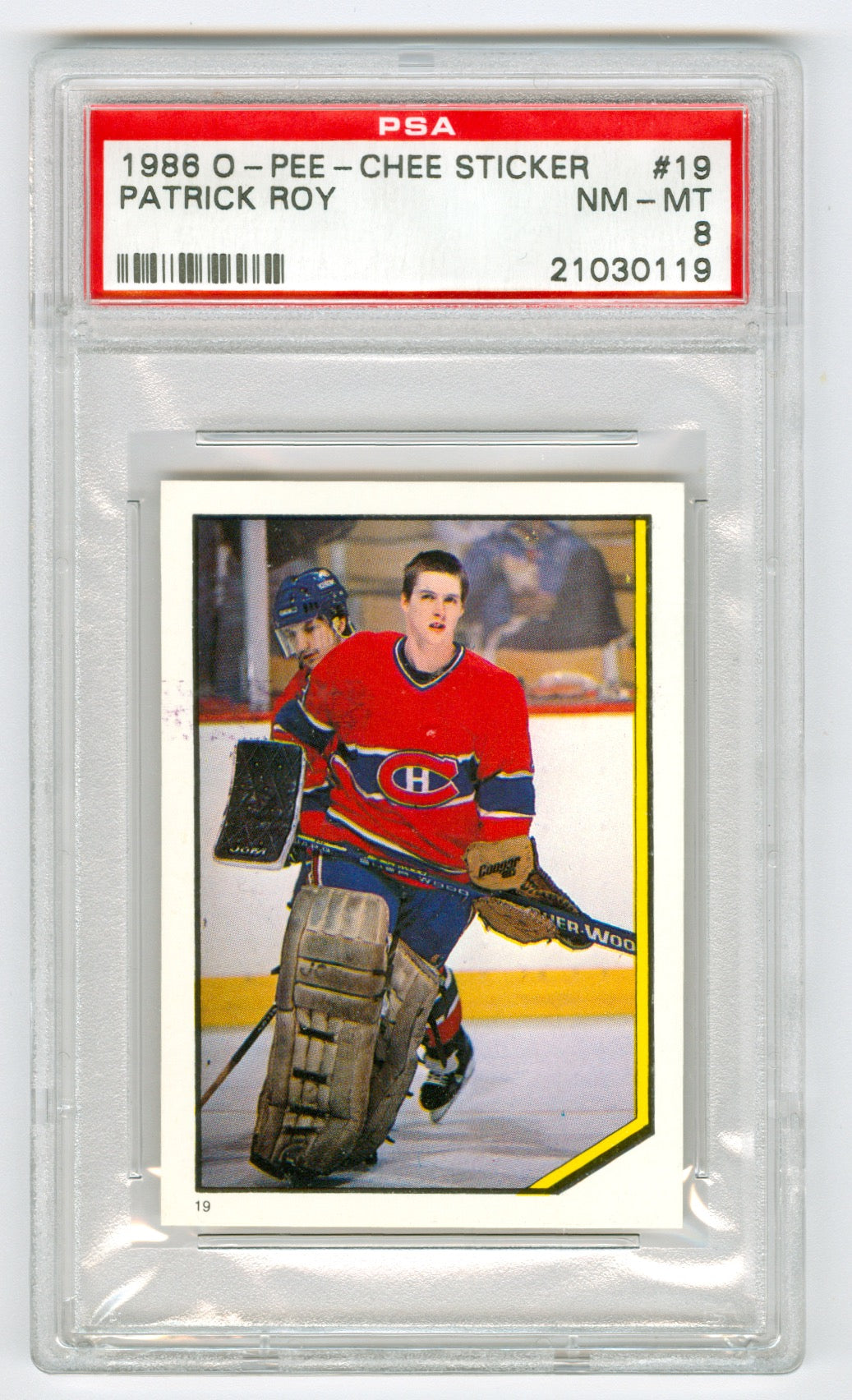 1986-87 O-Pee-Chee Stickers #19 Patrick Roy PSA 8 (Rookie) | Eastridge Sports Cards