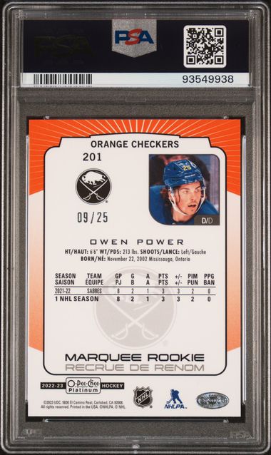 2022-23 O-Pee-Chee Platinum Orange Checkers #201 Owen Power #09/25 PSA 10 (Rookie) | Eastridge Sports Cards