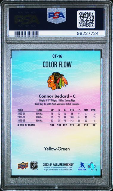 2023-24 Upper Deck Allure Color Flow Yellow Green #CF16 Connor Bedard PSA 10 (Rookie) | Eastridge Sports Cards