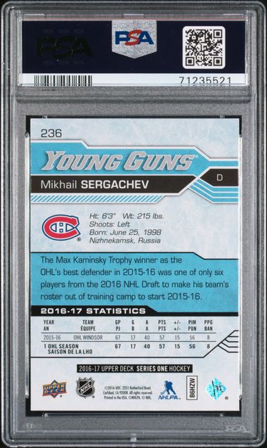 2016-17 Upper Deck #236 Mikhail Sergachev PSA 10 (Rookie) | Eastridge Sports Cards