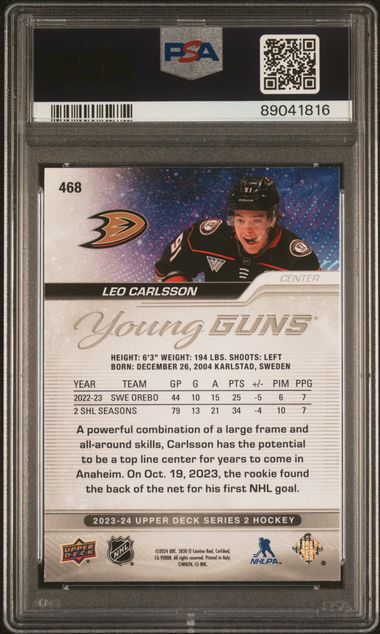 2023-24 Upper Deck #468 Leo Carlsson PSA 10 (Rookie) | Eastridge Sports Cards