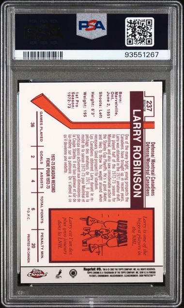 2001-02 Topps Chrome Reprint Refractors #9 Larry Robinson PSA 10 | Eastridge Sports Cards