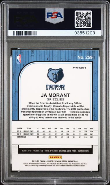 2019-20 Hoops Premium Stock Green Prizm #259 Ja Morant PSA 9 (Rookie) | Eastridge Sports Cards