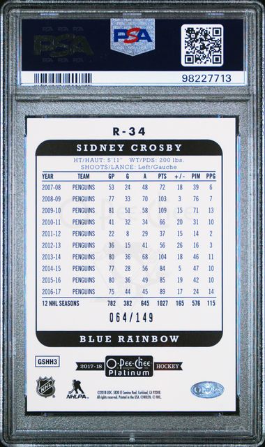 2017-18 O-Pee-Chee Platinum Retro Rainbow Blue #R34 Sidney Crosby #064/149 PSA 9 | Eastridge Sports Cards