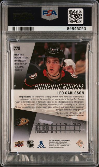 2023-24 SP Game Used Jersey Autographs Tag #228 Leo Carlsson #1/2 PSA 8 (Rookie) | Eastridge Sports Cards