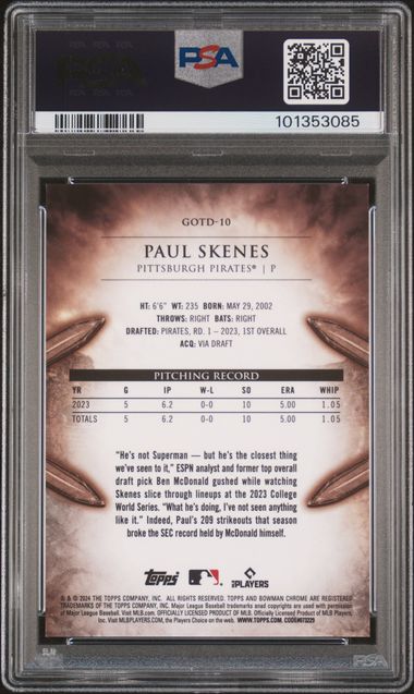 2024 Bowman Chrome Gladiators of the Diamond Gold Refractors #GOTD10 Paul Skenes #28/50 PSA 9 | Eastridge Sports Cards