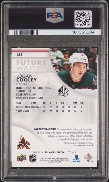 2023-24 SP Authentic #185 Logan Cooley #145/999 PSA 9 (Rookie) | Eastridge Sports Cards