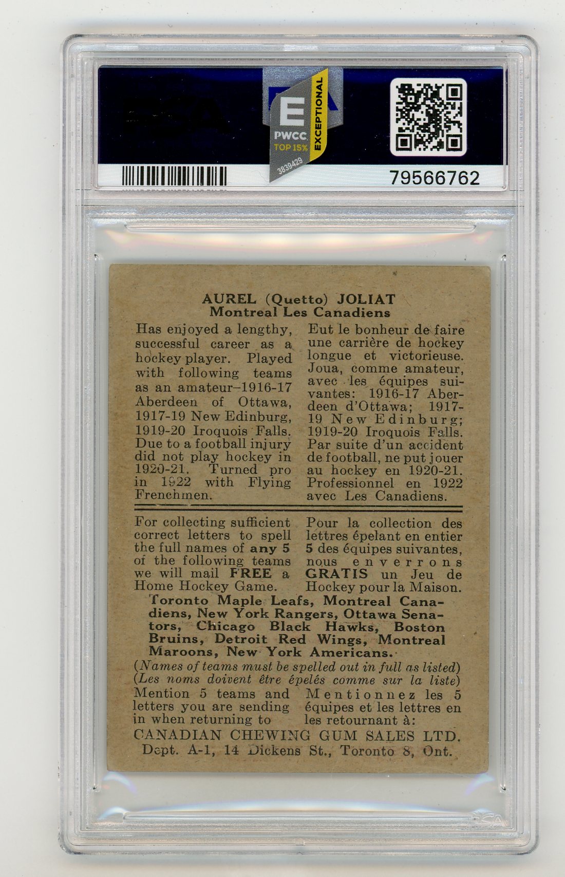 1933-34 V252 Canadian Gum #34 Aurel Joliat PSA 2 (PWCC-E) | Eastridge Sports Cards