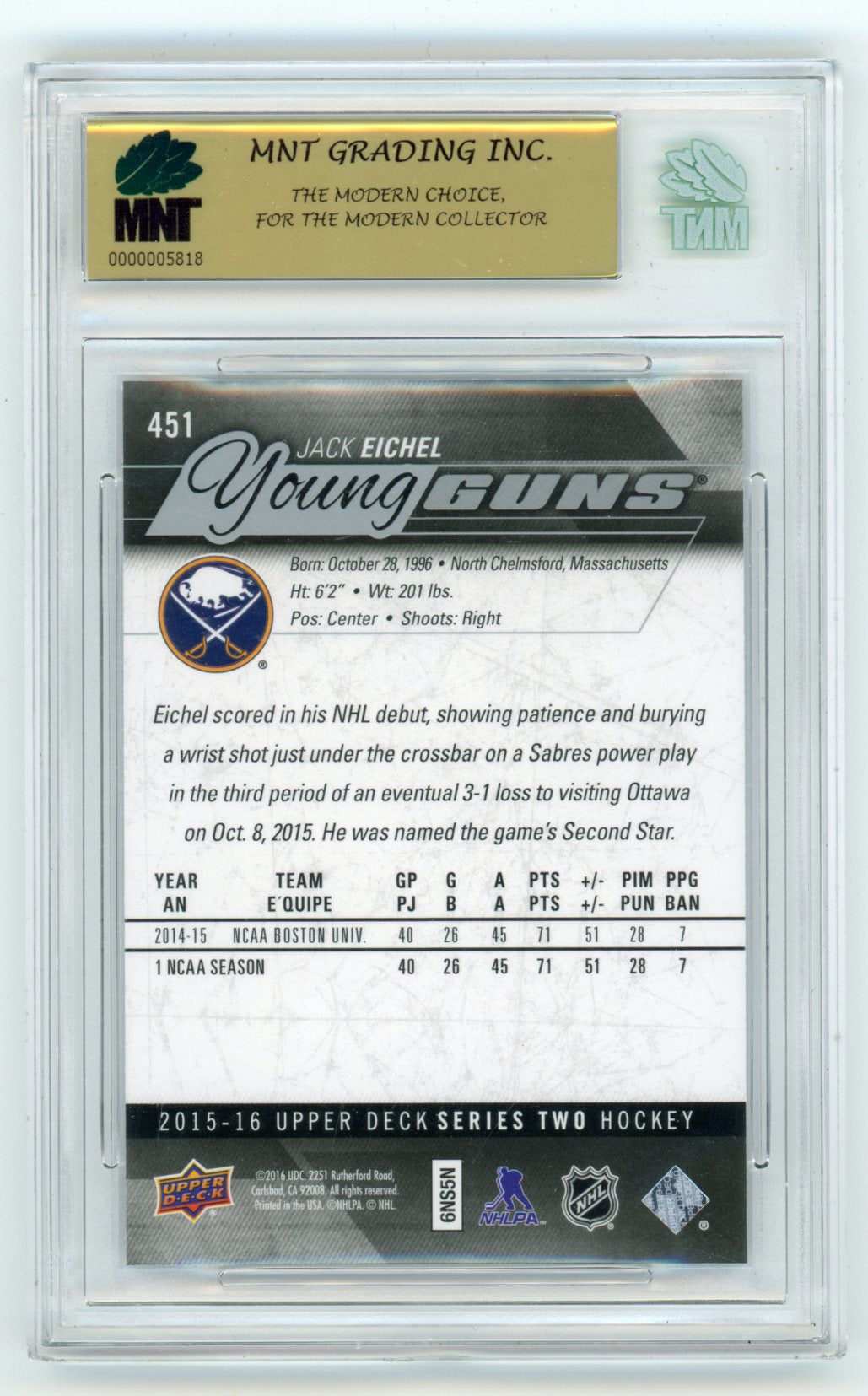 2015-16 Upper Deck #451 Jack Eichel MNT 9 (Rookie) | Eastridge Sports Cards