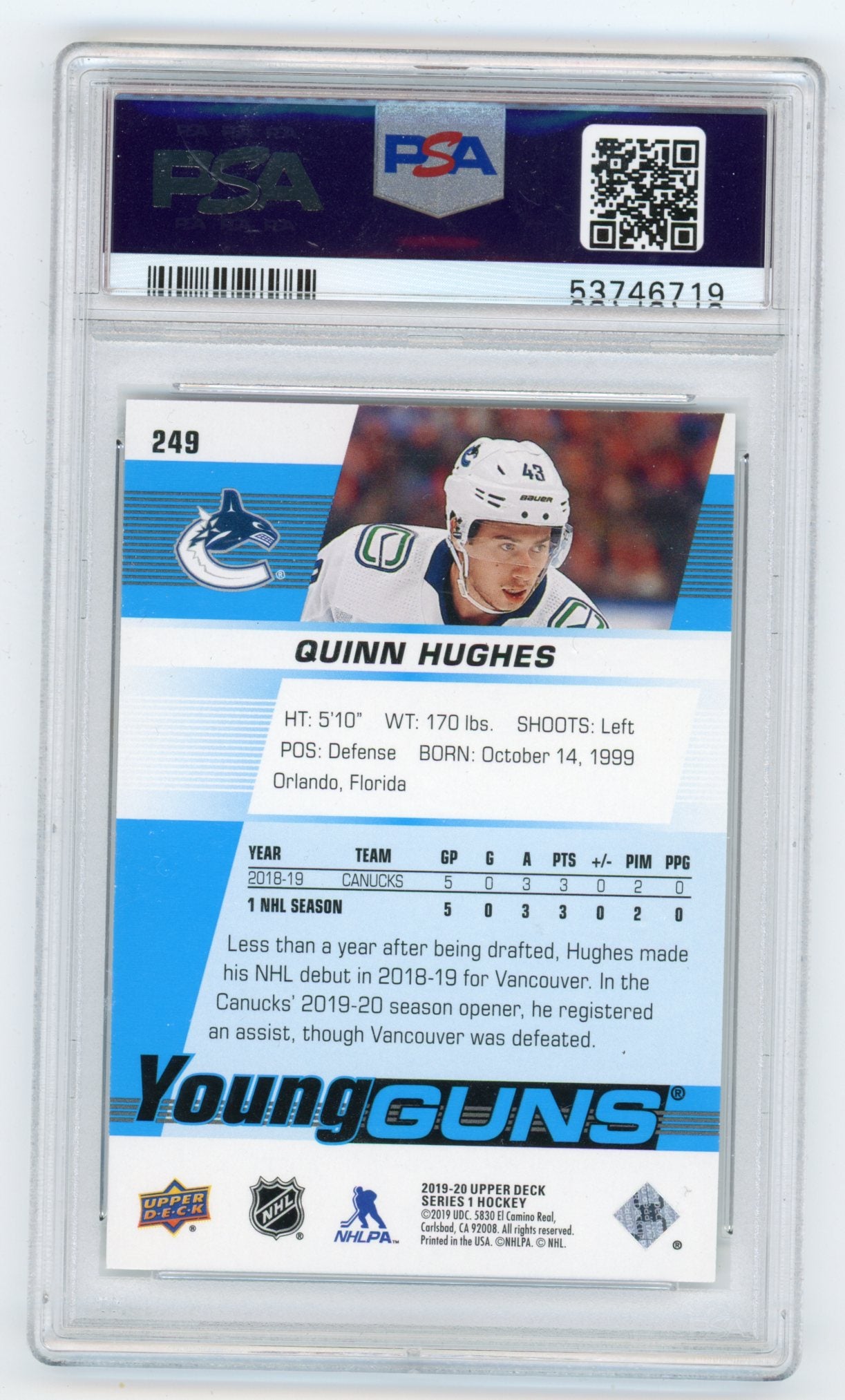 2019-20 Upper Deck #249 Quinn Hughes PSA 9 (Rookie) | Eastridge Sports Cards