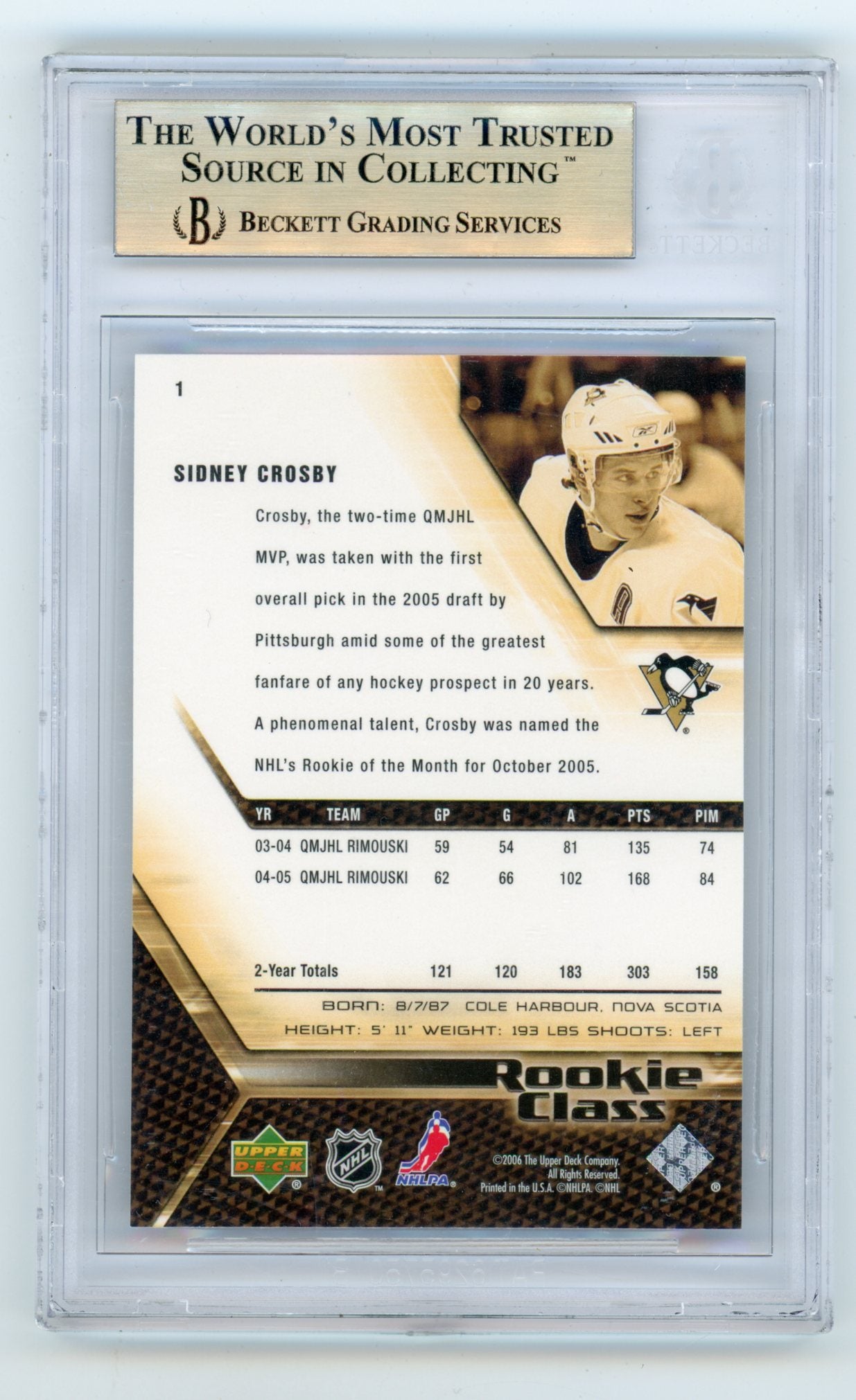 2005-06 UD Rookie Class #1 Sidney Crosby BGS 10 (Rookie) | Eastridge Sports Cards