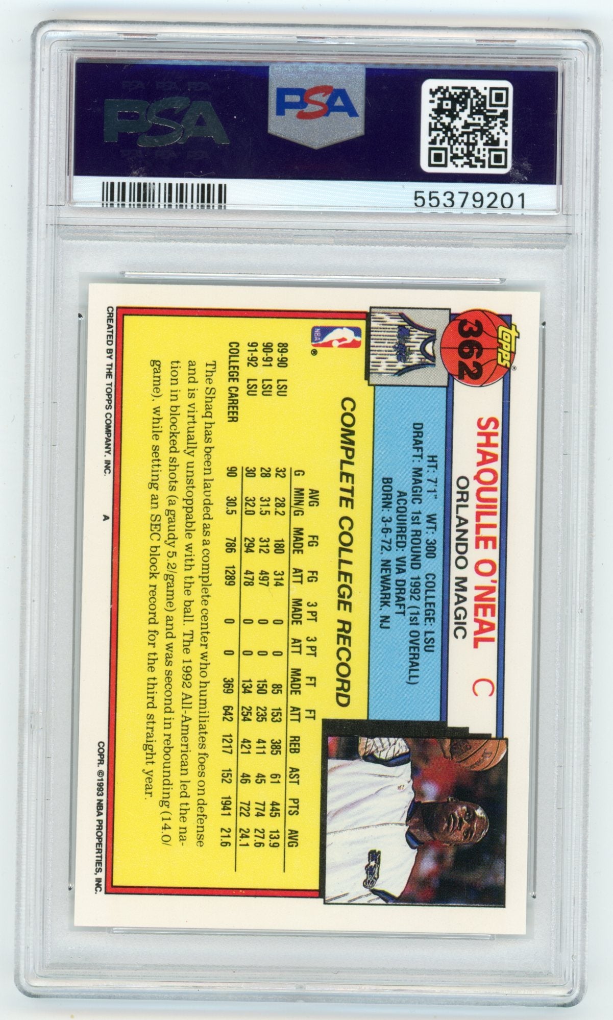 1992-93 Topps #362 Shaquille O'Neal PSA 9 (Rookie) | Eastridge Sports Cards