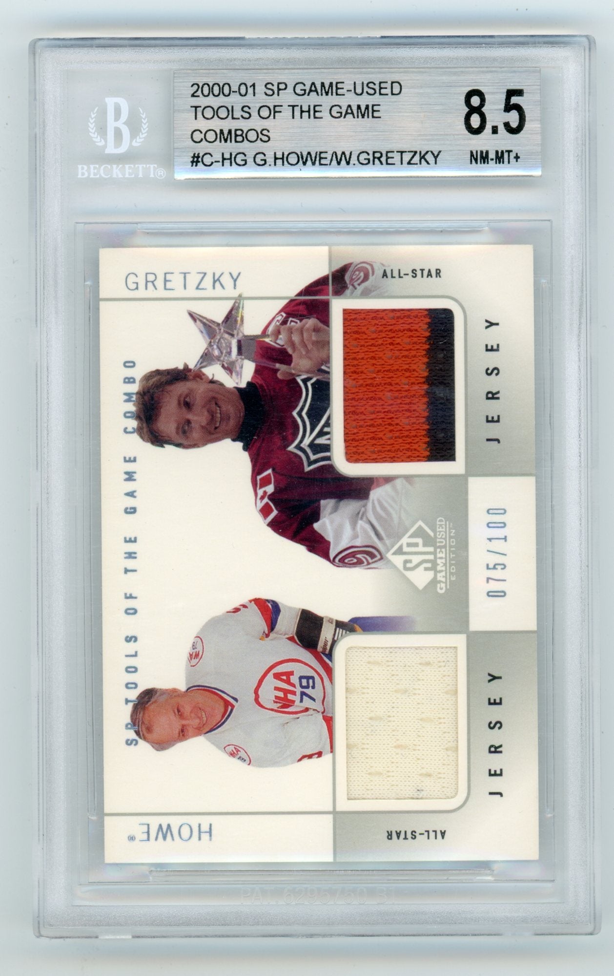 2000-01 SP Game Used Tools of the Game Combos #C-HG Gordie Howe/ Wayne Gretzky #075/100 BGS 8.5 | Eastridge Sports Cards