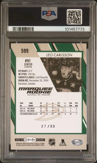 2023-24 O-Pee-Chee Rainbow Green #599 Leo Carlsson #27/33 PSA 9 (Rookie) | Eastridge Sports Cards