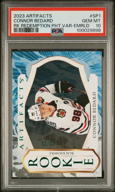 2023-24 Artifacts Rookie Redemption Photo Variation Emerald #SP1 Connor Bedard #05/25 PSA 10 (Rookie) | Eastridge Sports Cards