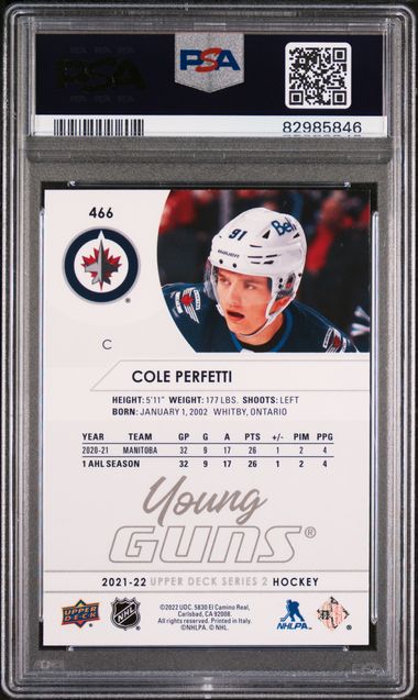 2021-22 Upper Deck #466 Cole Perfetti PSA 10 (Rookie) | Eastridge Sports Cards