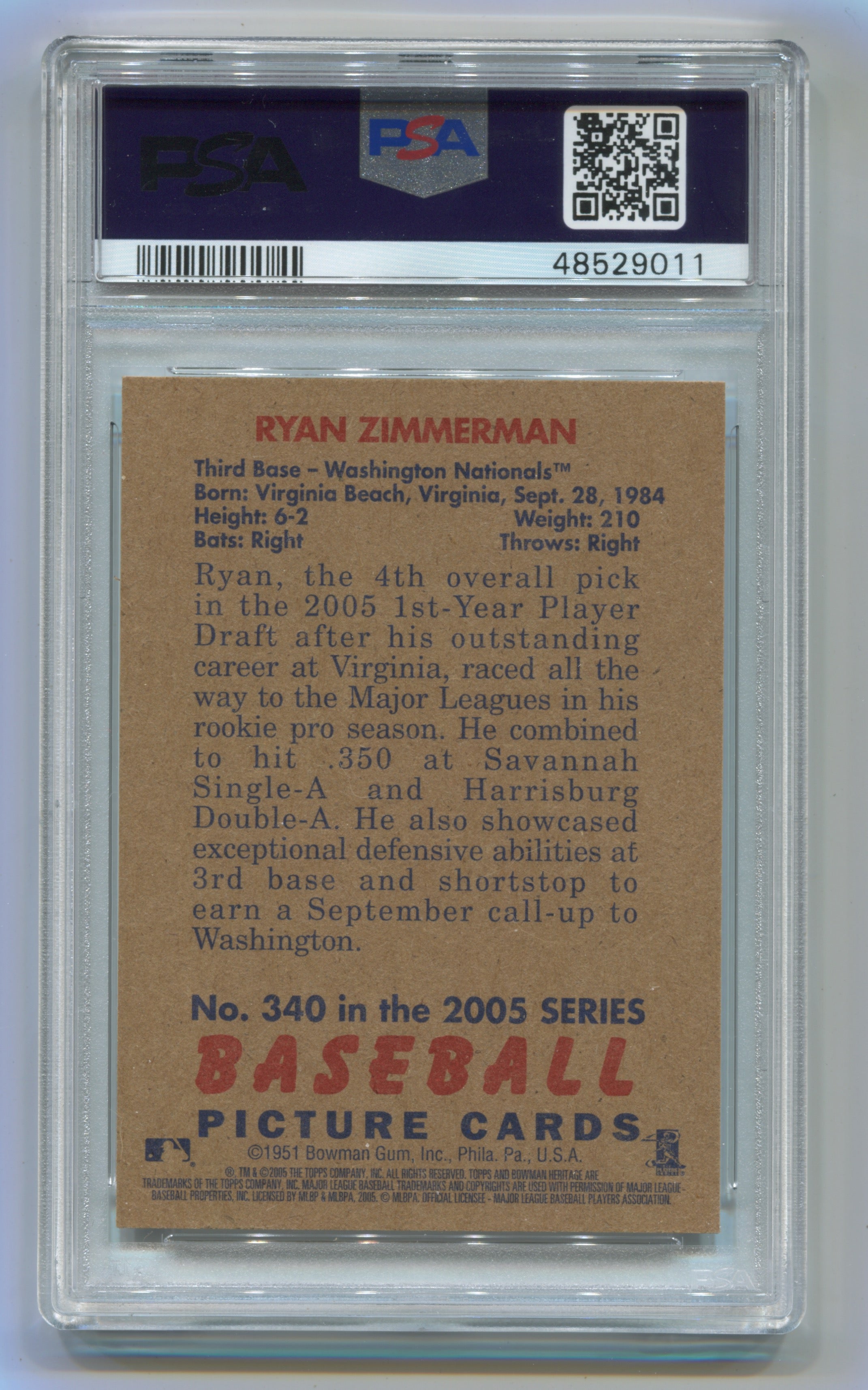 Ryan Zimmerman Draft Pick Rookie Card Topps 2005