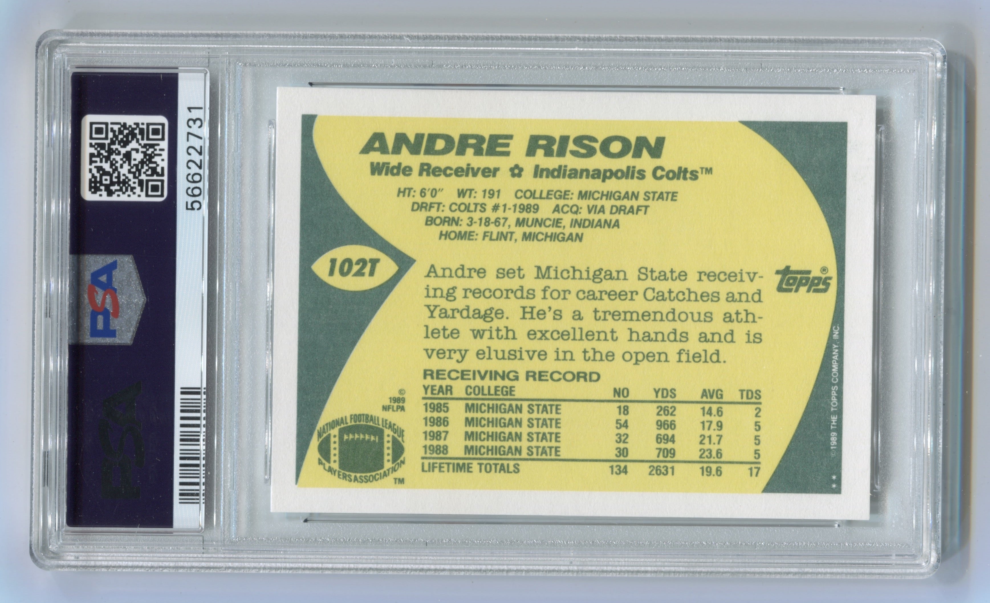 Andre Rison Signed Colts 1989 Topps Football Rookie Trading Card #102T