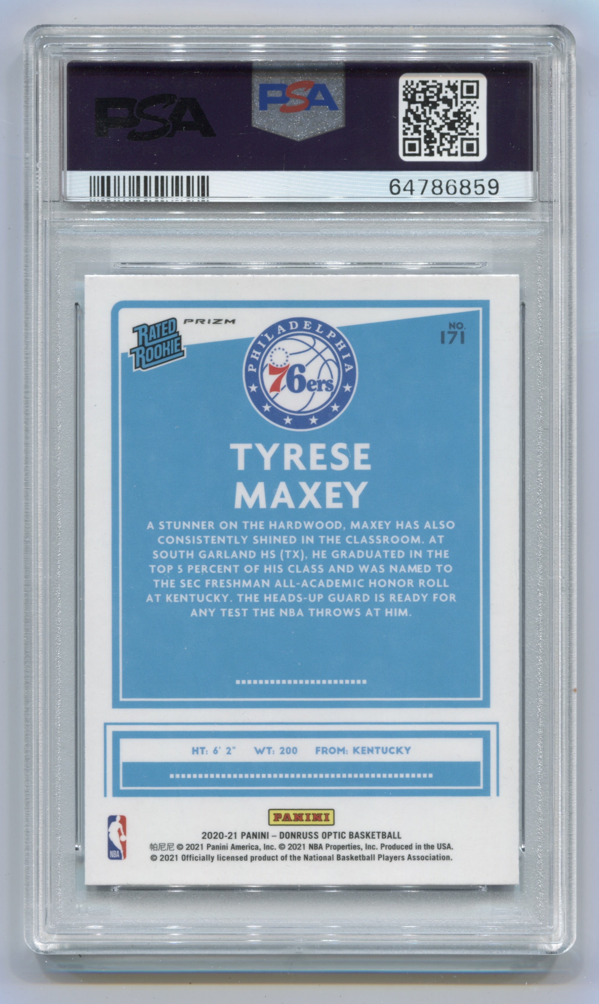 2020-21 Donruss Optic Blue Velocity #171 Tyrese Maxey PSA 10